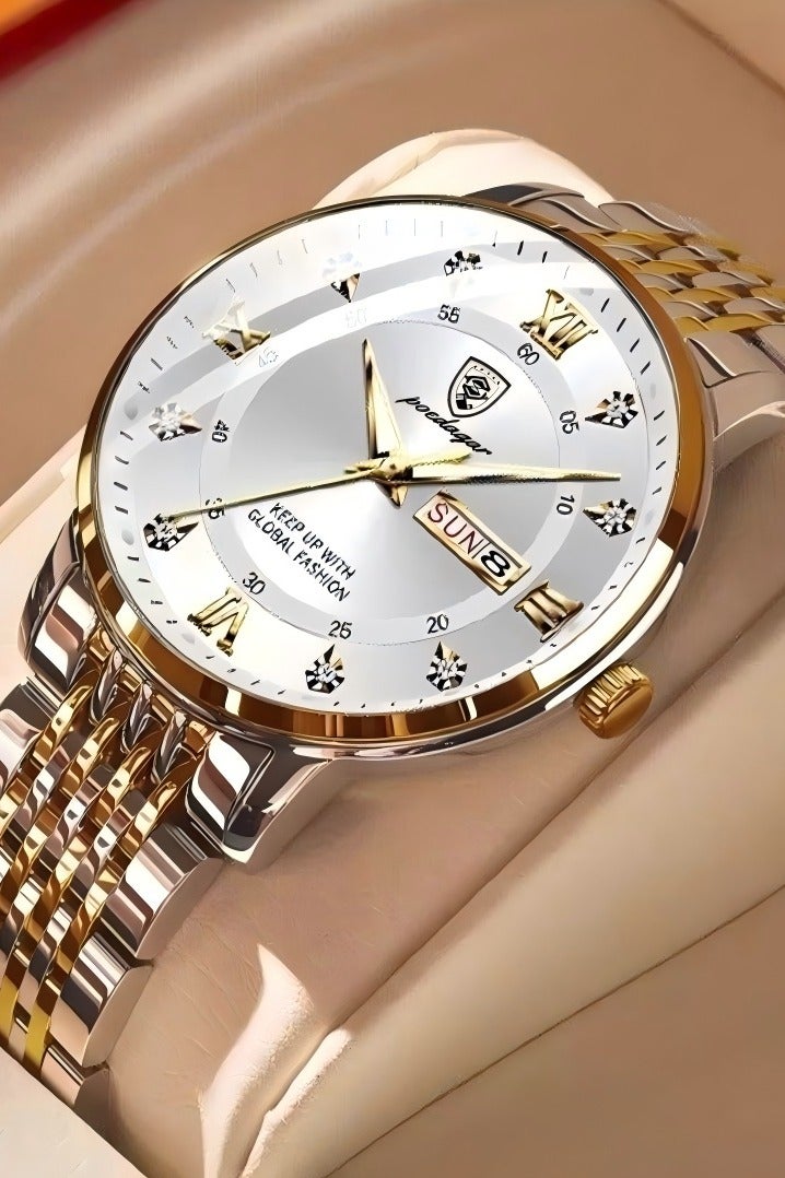 پوداجار الفولاذ المقاوم للصدأ حزام زوجين الكوارتز ووتش مجموعة، التناظرية عرض جولة الطلب مع أحجار الراين الديكور، الفاخرة مضيئة للماء التقويم ووتش هدية للرجال النساء - Image 4