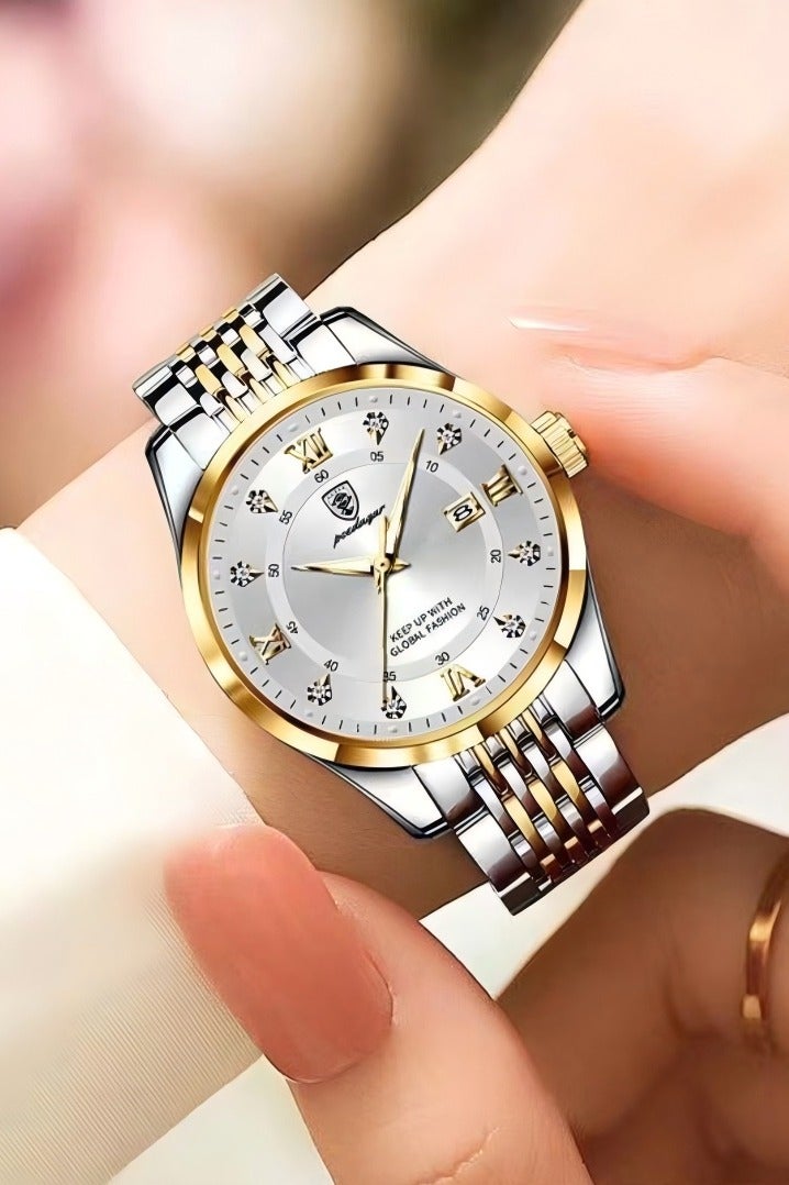 پوداجار الفولاذ المقاوم للصدأ حزام زوجين الكوارتز ووتش مجموعة، التناظرية عرض جولة الطلب مع أحجار الراين الديكور، الفاخرة مضيئة للماء التقويم ووتش هدية للرجال النساء - Image 5