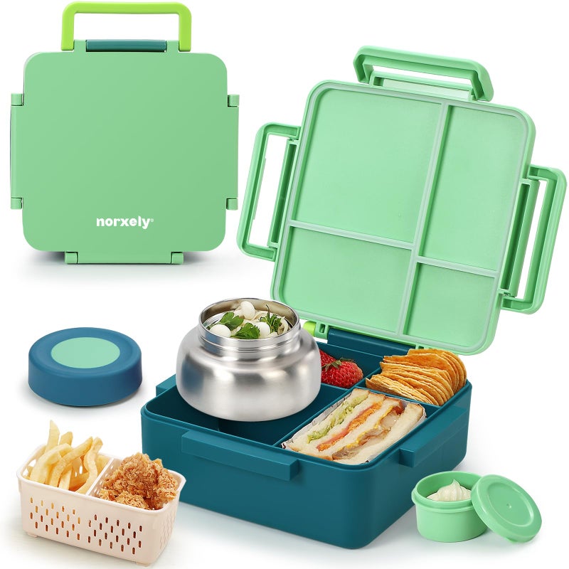Norxely Bento Box for Kids with Thermos, [Large Capacity] Insulated Lunch Box Kids with 4 Compartment for Ages 3+, Drop-Proof & Dishwasher Safe Lunchbox Container Green - Image 1