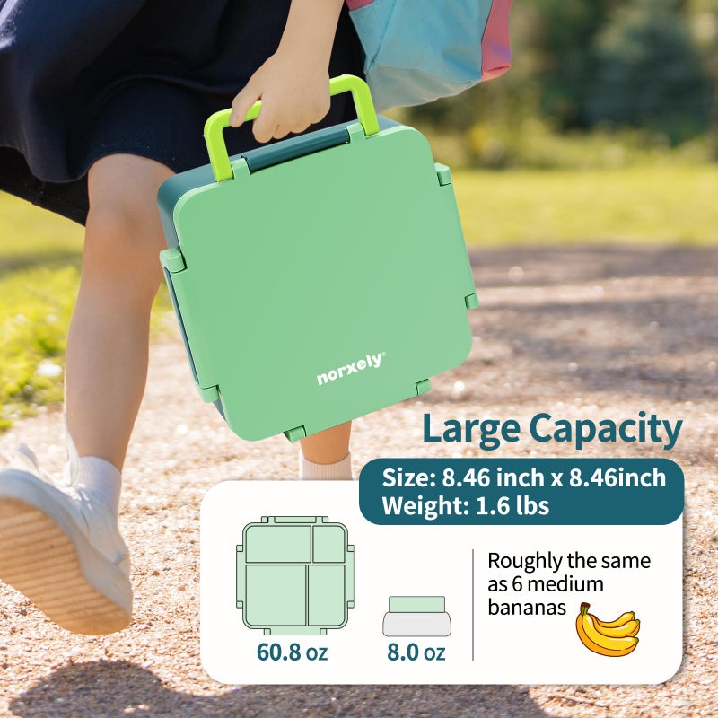 Norxely Bento Box for Kids with Thermos, [Large Capacity] Insulated Lunch Box Kids with 4 Compartment for Ages 3+, Drop-Proof & Dishwasher Safe Lunchbox Container Green - Image 5