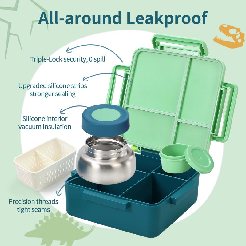 Norxely Bento Box for Kids with Thermos, [Large Capacity] Insulated Lunch Box Kids with 4 Compartment for Ages 3+, Drop-Proof & Dishwasher Safe Lunchbox Container Green - Image 4