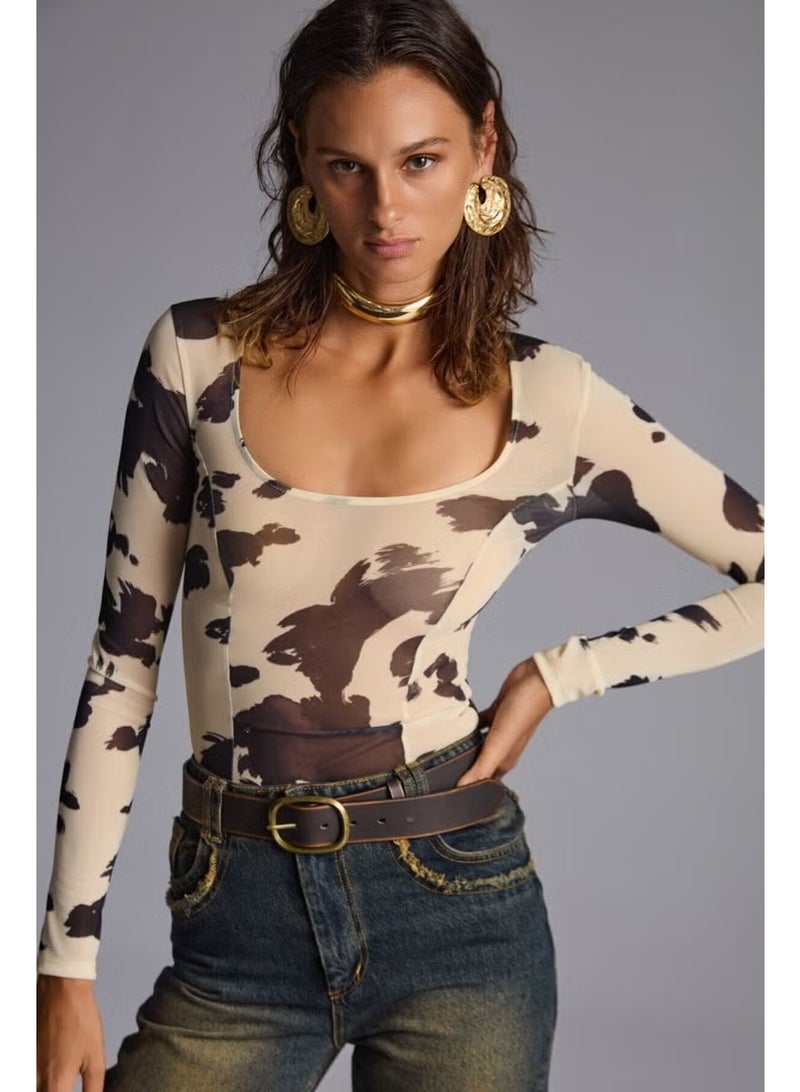 GRIMELANGE Anika Women's Cow Patterned Organic Cotton U Neck Woven Cow Patterned Bustier - Image 1