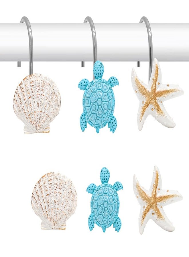JTDTH Shower Curtain Hooks, Seashell Turtles Shower Curtain Rings, Beach Theme Rust Proof Bath Shower Hooks, 12 PCS Bathroom Decoration Ocean Coastal Anti Rust Decorative Resin Hooks - Image 1