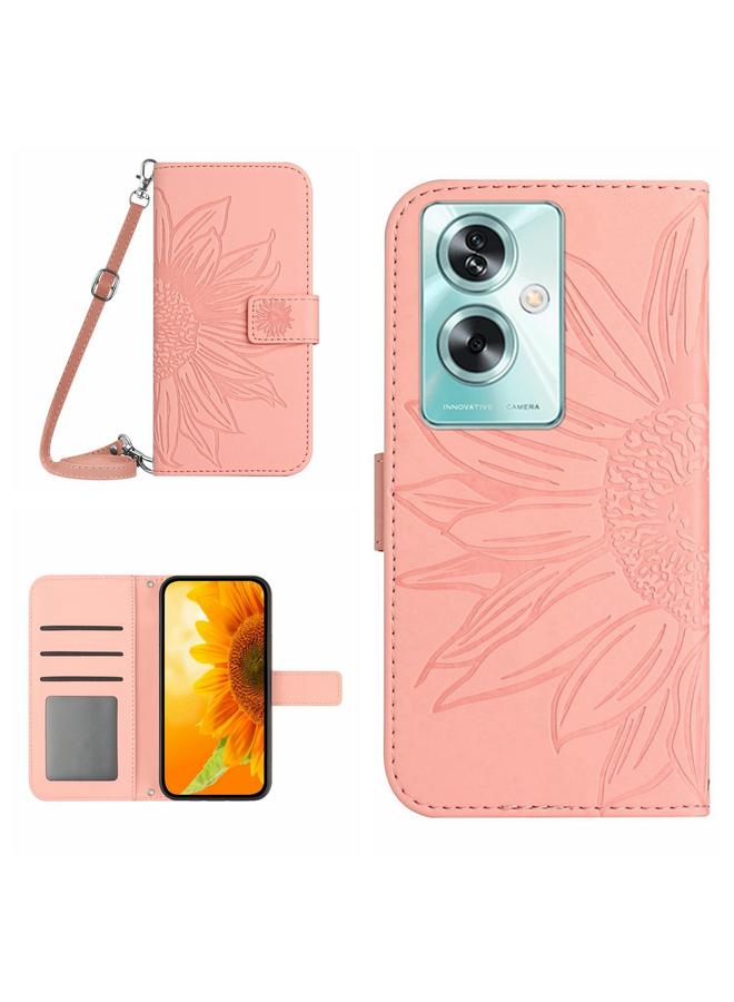 جرين تايجر حافظة هاتف جلدية قابلة للطي منقوشة بزهرة الشمس لهاتف OPPO Reno11 F 5G/F25 Pro 5G مع حبل (وردي)