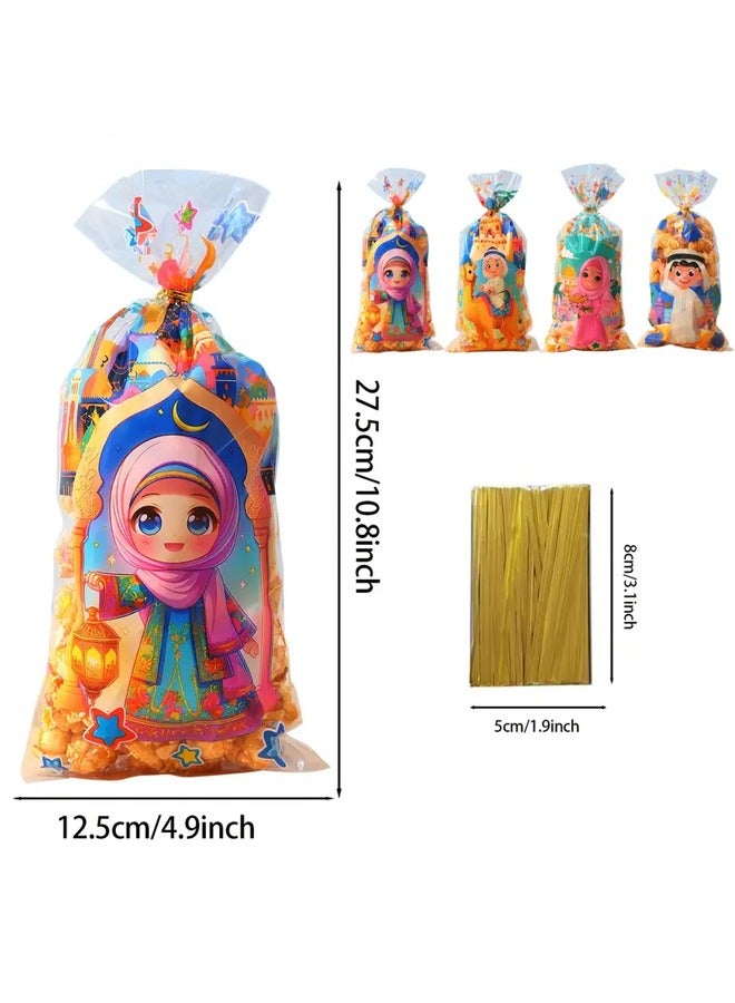 Zeemey 100pcs Vibrant Ramadan Gift Bags with Twist Ties - Eid Mubarak Themed Plastic Treat Bags Featuring Islamic Architecture & Characters in Light Brown/Green/Beige/Blue - Ideal for Eid Al-Fitr, Iftar & Lantern Festival Celebrations - Image 2