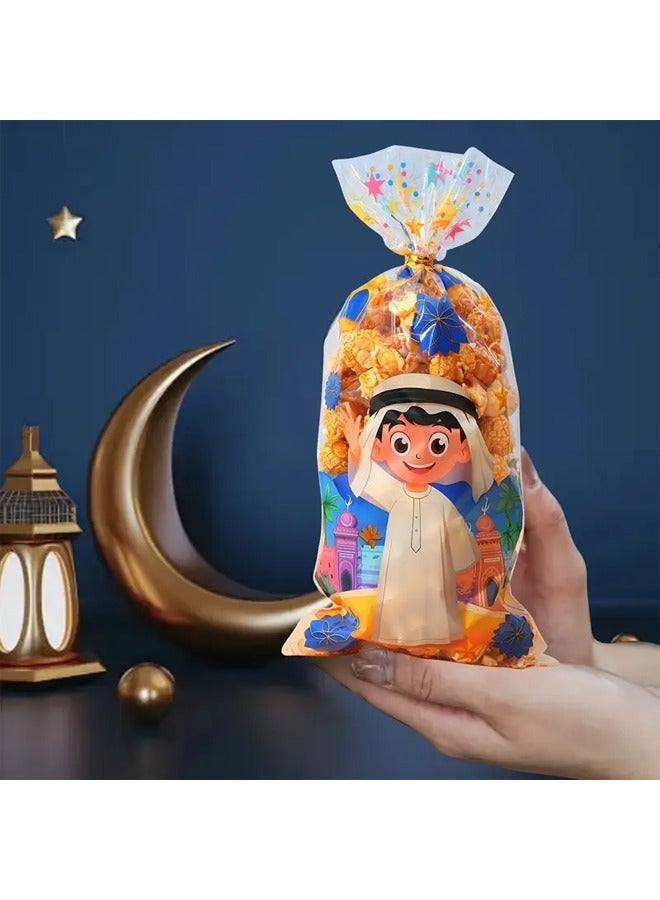 Zeemey 100pcs Vibrant Ramadan Gift Bags with Twist Ties - Eid Mubarak Themed Plastic Treat Bags Featuring Islamic Architecture & Characters in Light Brown/Green/Beige/Blue - Ideal for Eid Al-Fitr, Iftar & Lantern Festival Celebrations - Image 4