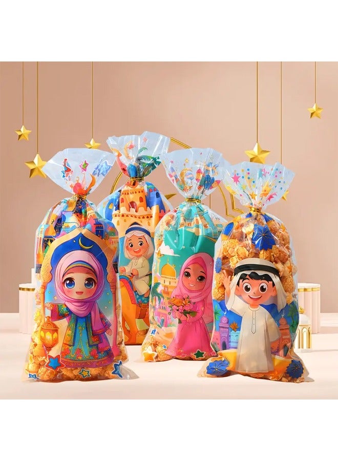 Zeemey 100pcs Vibrant Ramadan Gift Bags with Twist Ties - Eid Mubarak Themed Plastic Treat Bags Featuring Islamic Architecture & Characters in Light Brown/Green/Beige/Blue - Ideal for Eid Al-Fitr, Iftar & Lantern Festival Celebrations - Image 5