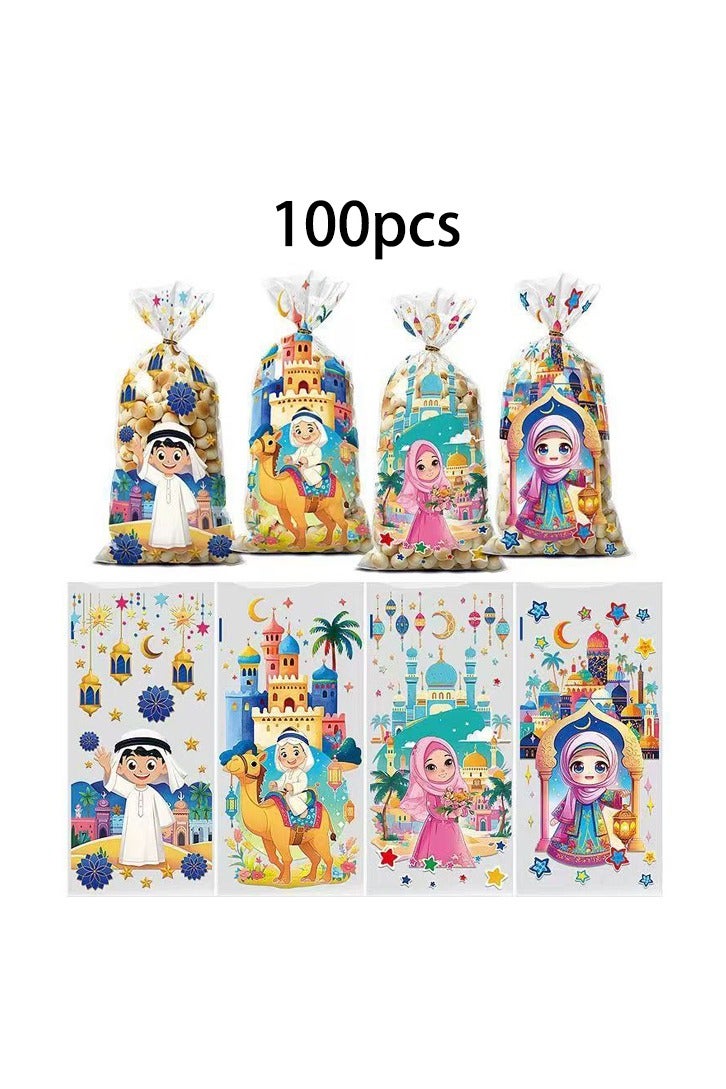 Zeemey 100pcs Vibrant Ramadan Gift Bags with Twist Ties - Eid Mubarak Themed Plastic Treat Bags Featuring Islamic Architecture & Characters in Light Brown/Green/Beige/Blue - Ideal for Eid Al-Fitr, Iftar & Lantern Festival Celebrations - Image 1