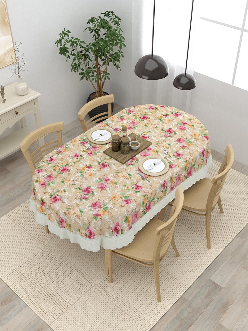 Clasiko 4 Seater Oval Dining Table Cover; 54x78 Inches or 137x198 Cms; Material - PVC; Anti Slip; Pink & Beige Flowers 77030 - Image 1