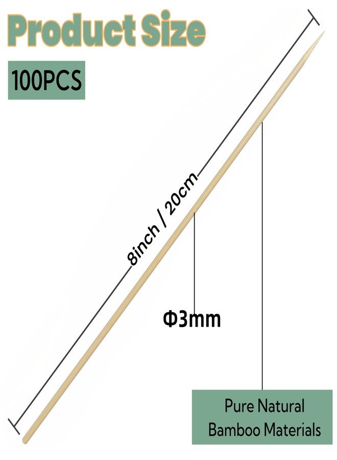 XMZY Bamboo Skewers 8 Inch Wooden Skewers Sticks for Fruit, Kabob, BBQ, Grilling, Yakitori. More Size Choices 10"/12", 100 PCS (8inch X Φ3mm) - Image 2