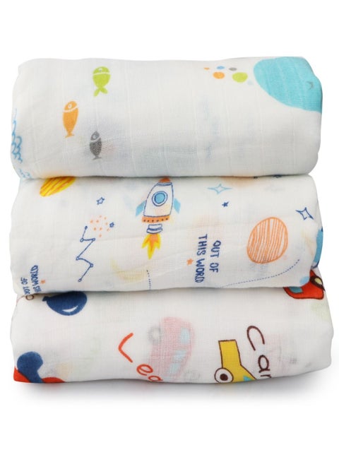 3-Pcs Baby Swaddle Blanket Unisex Wrap Soft Silky Muslin, Blanket For Boys and Girls Set Of 3- Whale/Red Car/Planet