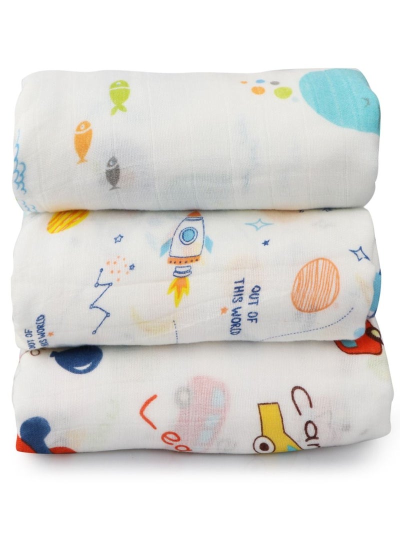 HomarKet 3-Pcs Baby Swaddle Blanket Unisex Wrap Soft Silky Muslin, Blanket For Boys and Girls Set Of 3- Whale/Red Car/Planet  - Image 1