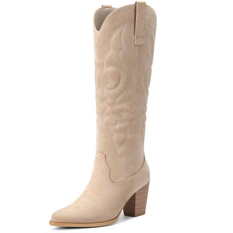 Pasuot Suede Cowboy Boots for Women - Western Knee High Cowgirl Boots with Side Zipper, Retro Pointed Toe Tall Block Heel Pull On Long Boot Fall Winter Concert Rodeo Festival Daily Beige Size 8 - Image 1