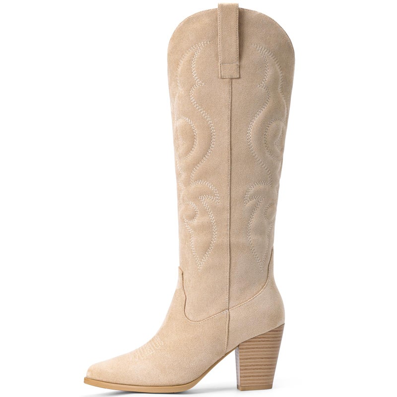 Pasuot Suede Cowboy Boots for Women - Western Knee High Cowgirl Boots with Side Zipper, Retro Pointed Toe Tall Block Heel Pull On Long Boot Fall Winter Concert Rodeo Festival Daily Beige Size 8 - Image 4