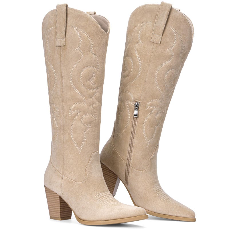 Pasuot Suede Cowboy Boots for Women - Western Knee High Cowgirl Boots with Side Zipper, Retro Pointed Toe Tall Block Heel Pull On Long Boot Fall Winter Concert Rodeo Festival Daily Beige Size 8 - Image 5