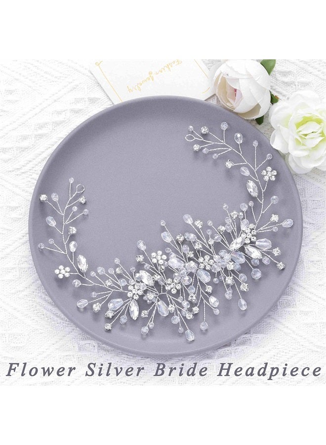 Unicra Bride Flower Wedding Hair Vine Crystal Bridal Hair Piece Rhinestone Party Hair Accessories Leaf Hair Jewelry Bead Headpiece for Women and Girls (Silver) - Image 4