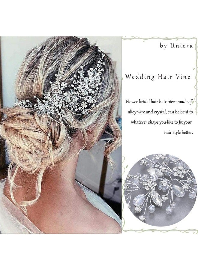 Unicra Bride Flower Wedding Hair Vine Crystal Bridal Hair Piece Rhinestone Party Hair Accessories Leaf Hair Jewelry Bead Headpiece for Women and Girls (Silver) - Image 3