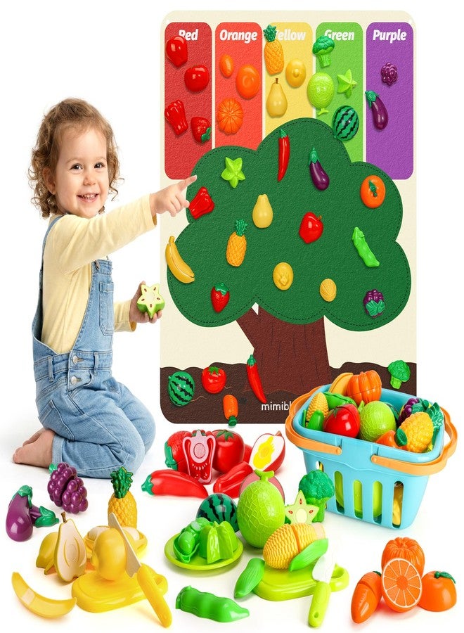 SOCBTNSO Pretend Play Food Set with Felt Tree Mat & Storage Basket: Kitchen Accessories Toys| Fruit and Veggie Sensory Toy| Montessori Color Sorting| Gift for 3 4 5 6 Year Old Toddlers Kids Boys Girls - Image 1
