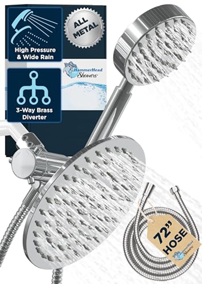 SOLID METAL DUAL SHOWER HEAD COMBO CHROME 8 INCH RAINFALL HIGH FLOW SHOWER HEAD HANDHELD SHOWER HEAD HIGH PRESSURE WITH HOSE 6FT HOTELLIKE DOUBLE SHOWER HEADS