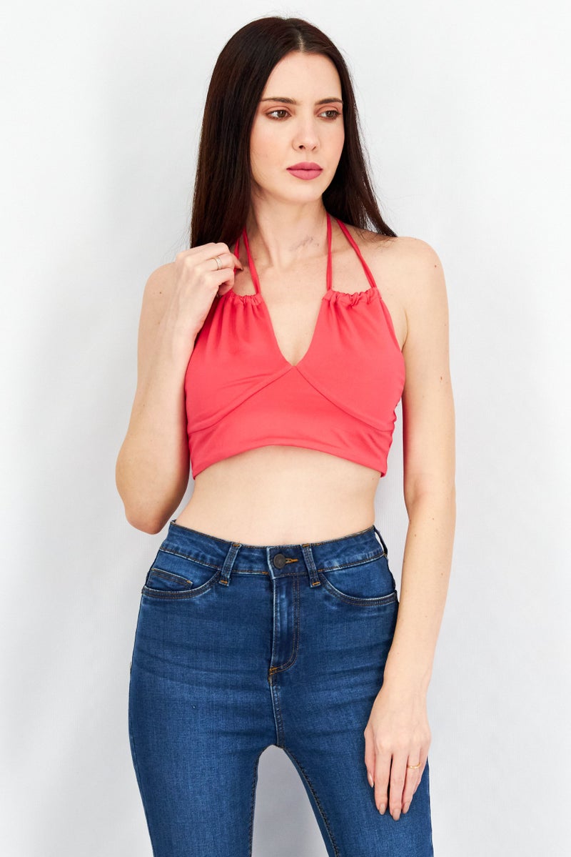 Sinsay Women Halter Neck Sleeveless Open Back Crop Top, Hot Pink - Image 1