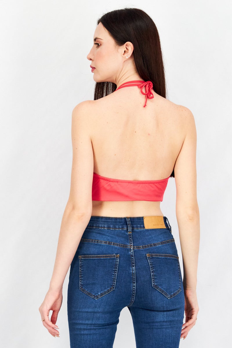 Sinsay Women Halter Neck Sleeveless Open Back Crop Top, Hot Pink - Image 3