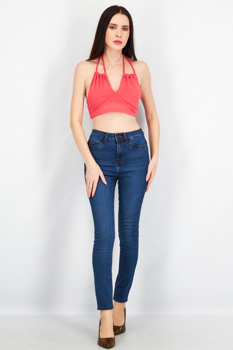 Sinsay Women Halter Neck Sleeveless Open Back Crop Top, Hot Pink - Image 2