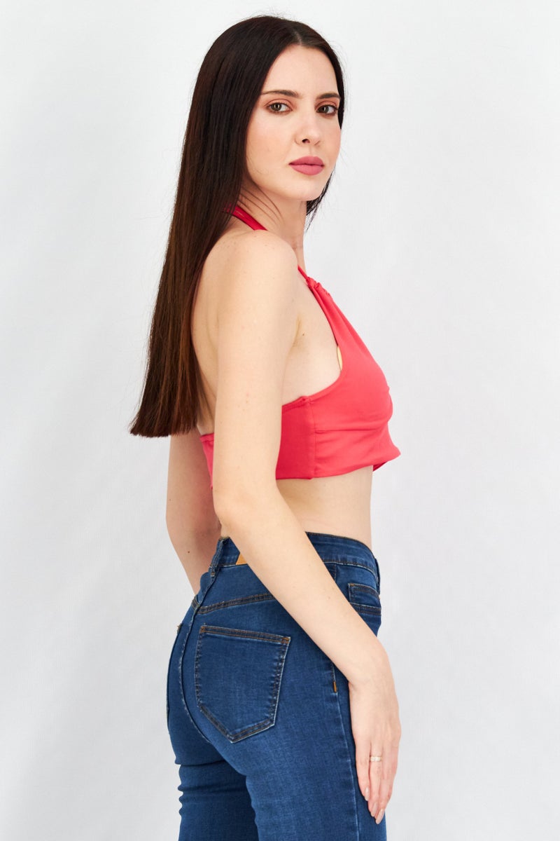Sinsay Women Halter Neck Sleeveless Open Back Crop Top, Hot Pink - Image 2