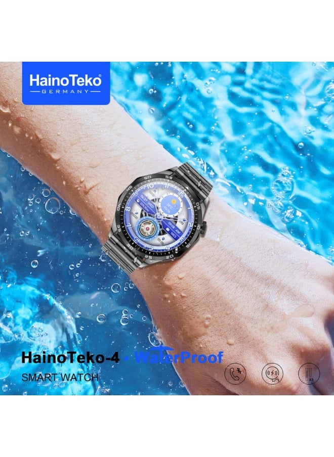هينو تيكو - سمارت واتش HainoTeko-4 الذكية شاشة AMOLED هيكل تيتانيوم مقاومة للماء مع 3 استراب تدعم المكالمات واللغة العربية-سيلفر - Image 1