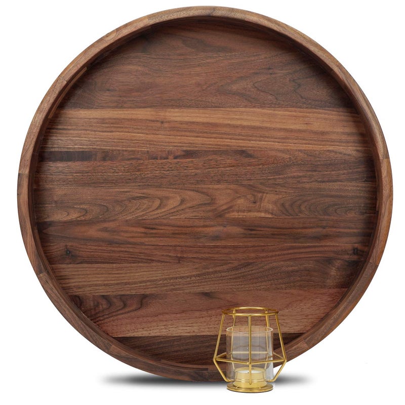 MAGIGO 20 Inches Extra Large Round Black Walnut Wood Ottoman Tray with Handles Serve Tea Coffee or Breakfast in Bed Classic Circular Wooden Decorative Serving Tray