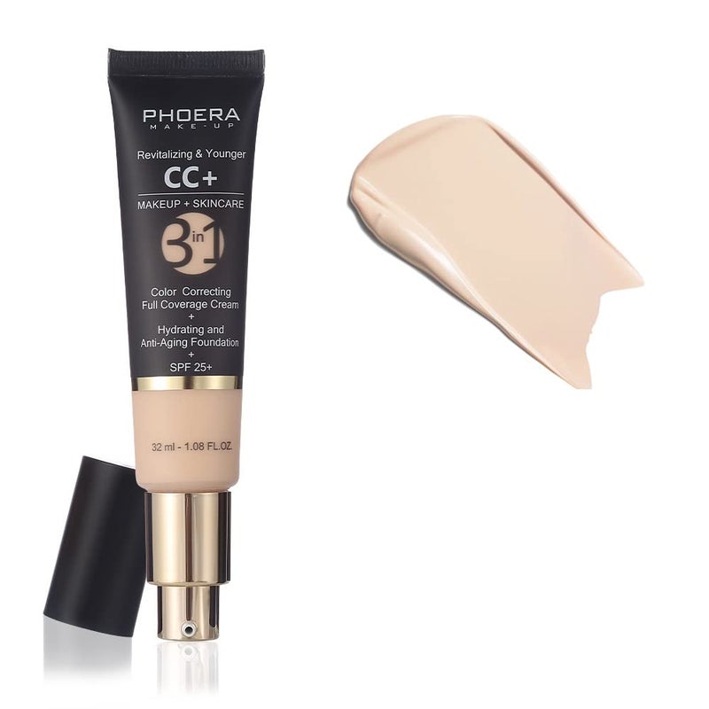 PHOERA AntiAging Color Correcting Full Coverage Cream Foundation SPF 25 Revitalizing  Younger infused Concealer with Vitamins For dark circles acne scars wrinkles  redness 100 Porcelain