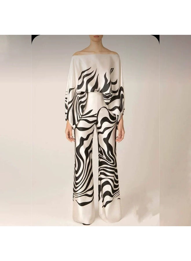 general Women's 2025-2026 Fashion Print Round Neck Loose Batwing Sleeve Waist Cinched Wide Leg Pants Set - Image 1