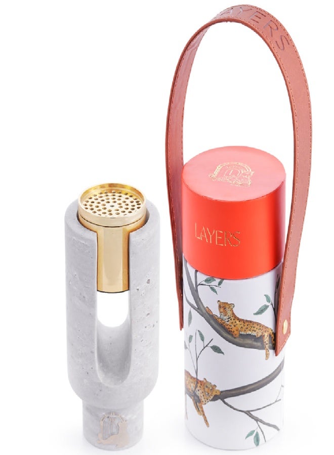 Layers Ofra White/Grey Travertine Mini Incense Burner Holder – Natural Marble with Golden Burner - Image 1