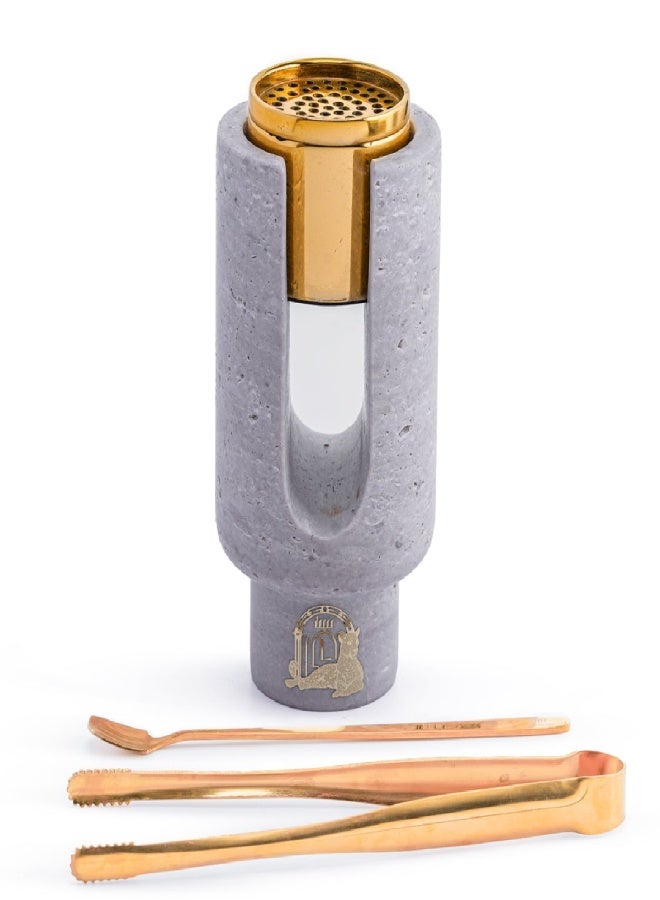 Layers Ofra White/Grey Travertine Mini Incense Burner Holder – Natural Marble with Golden Burner - Image 2