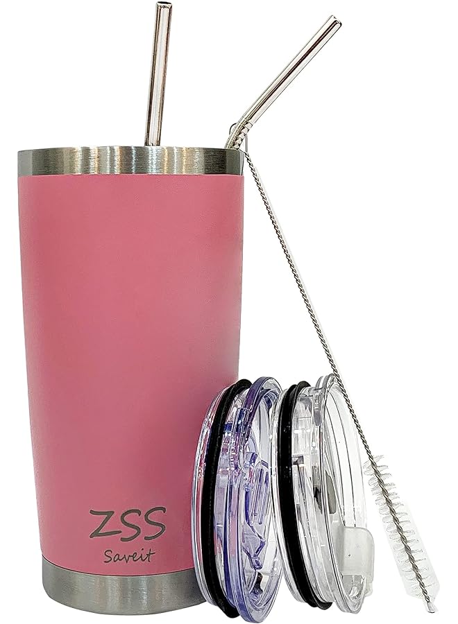 Zaboon Travel Coffee Mug 600Ml Insulated Double Walled Tumbler 20Oz Stainless Steel Tea Water Cup Reusable Car Cups With 4 Extra Accessories Best Gift For Hot And Cold Drinks (Light Pink) - Image 1