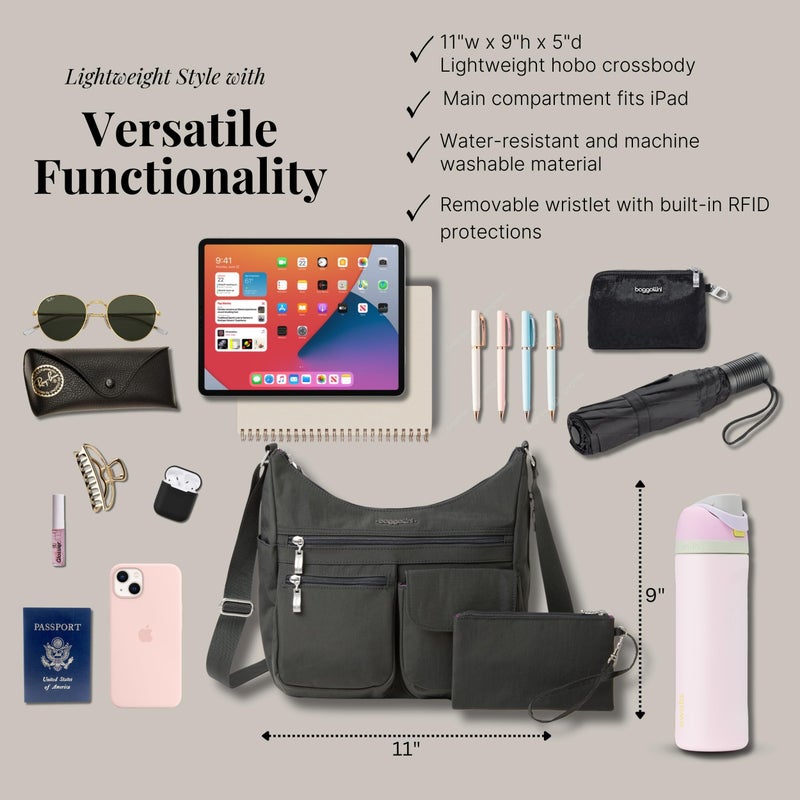 Baggallini حقيبة باغاليني إيفريوير - حقيبة هوبو كروس بودي للنساء مع حزام معصم مزود بتقنية RFID - حقيبة سفر مقاومة للماء - Image 4