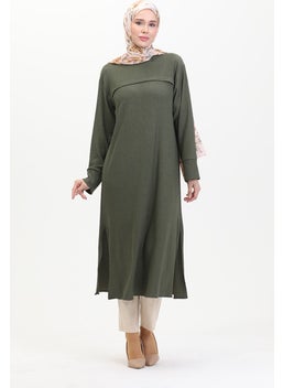 Sefa Merve Bürümcük Fabric Front Striped Tunic 5105-04 Khaki  - Image 1