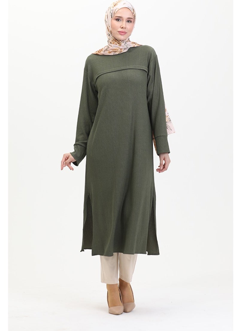 Sefa Merve - Bürümcük Fabric Front Striped Tunic 5105-04 Khaki - Image 1