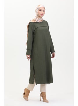 Sefa Merve Bürümcük Fabric Front Striped Tunic 5105-04 Khaki  - Image 2