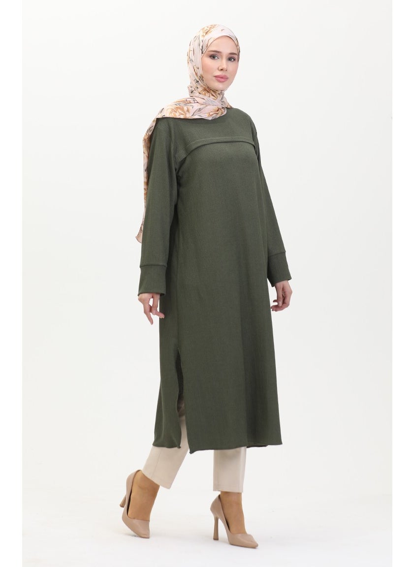 Sefa Merve - Bürümcük Fabric Front Striped Tunic 5105-04 Khaki - Image 1