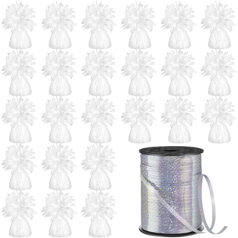 Yunsailing Yunsailing 24 Pcs Balloon Weights Metallic Anchor Balloon Holder for Helium Balloons Heavy Table Weights and 1 Roll Iridescent Crimped Ribbon for Birthday Wedding Baby Shower PartySilver White 