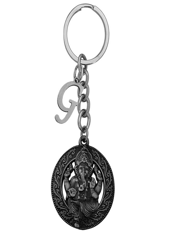 M Men Style Religious Lord Shri Ganesh With Initial Letter Alphabet -G Grey Zinc And Metal Keychain For Men And Women - Image 1