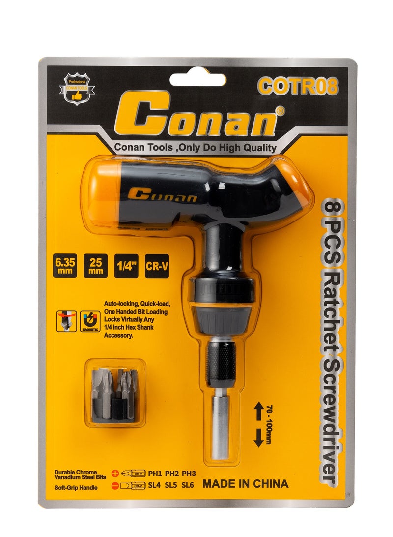Conan 8PCS T-Handle Ratchet Screwdriver Set – 1/4" (6.35mm) – Soft-Grip – Model COTR08