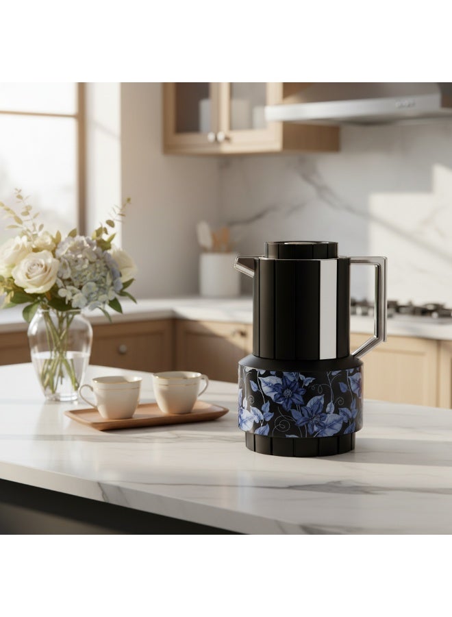 Parati 1L Vacuum Flask – Black | Silver & Blue Floral - Image 1
