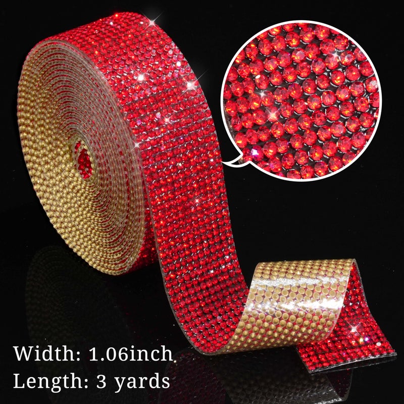 LOCACRYSTAL Bling Crystal Rhinestone Ribbon Self-Adhesive Iron-on DIY Glitter Diamond Stickers for Crafts Cars Clothing Decoration(1.06inch 3Yards Red) - Image 3