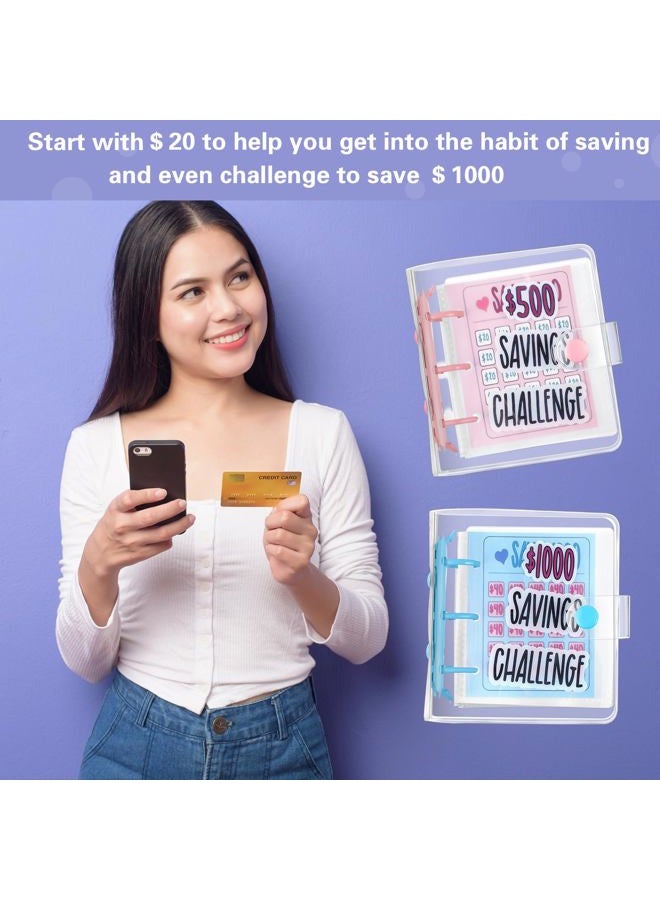 Noveread 2 Pcs 1000 Dollar Saving Challenge, Little Bitty Bucks 500 Savings Book, Mini Binder with Cash Envelopes, Cash Binder for Budgeting Reusable Budget Book (Pink and Blue) - Image 5
