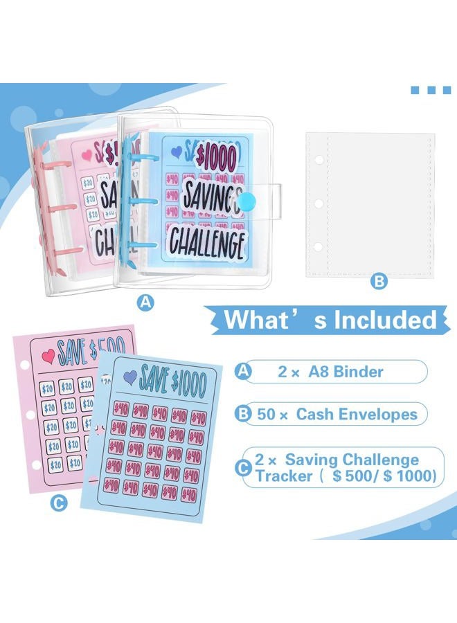 Noveread 2 Pcs 1000 Dollar Saving Challenge, Little Bitty Bucks 500 Savings Book, Mini Binder with Cash Envelopes, Cash Binder for Budgeting Reusable Budget Book (Pink and Blue) - Image 4