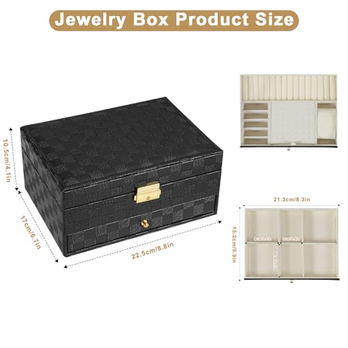 GUOER Jewelry Box for Women Girl Wife - Large PU Leather Jewelry Organizer Storage Case with Two Layers Display for Earrings Bracelets Rings Watches (Checkered Black) - Image 4