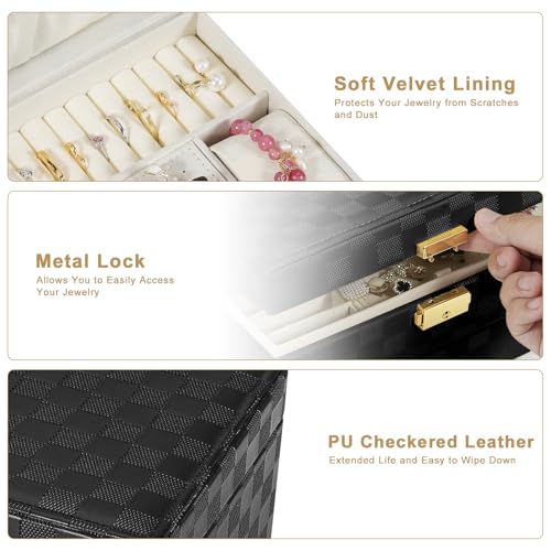 GUOER Jewelry Box for Women Girl Wife - Large PU Leather Jewelry Organizer Storage Case with Two Layers Display for Earrings Bracelets Rings Watches (Checkered Black) - Image 3