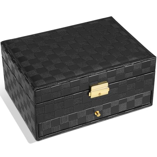 GUOER Jewelry Box for Women Girl Wife - Large PU Leather Jewelry Organizer Storage Case with Two Layers Display for Earrings Bracelets Rings Watches (Checkered Black) - Image 1