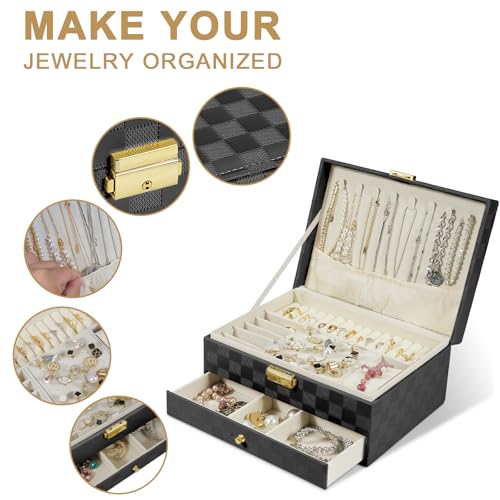 GUOER Jewelry Box for Women Girl Wife - Large PU Leather Jewelry Organizer Storage Case with Two Layers Display for Earrings Bracelets Rings Watches (Checkered Black) - Image 2
